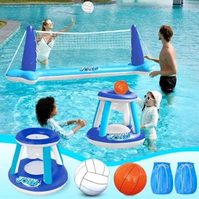 Bild av JOYIN Uppblåsbara poolflyter, volleybollnät och basketkorg, fladdrande simspel för barn/vuxna, sommarleksaker vattensporter, mörkblå