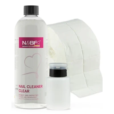 Bild av N&amp;BF Nagelrengörarset 1 000 ml + dispenser, pumpflaska cellulosa kuddar (2 rullar med 500 stycken) 70 % isopropanol alkohol isopropyl L för gelnaglar nagelrengörare (svart 150)