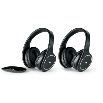 Bild av Meliconi HP Easy Digital Bundle, 2 trådlösa stereo TV headset, 100% digitalt, med analog/digital ljudingång och dimensionell sändarbot, svart
