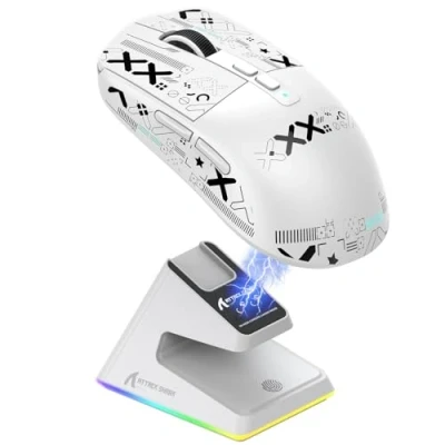 Bild av ATTACK SHARK X6 49g SUPERLIGHT mus med magnetisk laddningsdocka, PixArt PAW3395 spelsensor, BT/2.4G trådlös/trådbunden spelmus tejp, 26000 DPI, X3 uppgraderingsmöss för Win11/Xbox/PS/Mac (vit)