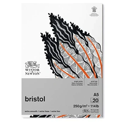 Bild av Winsor &amp; Newton 6661544 Bristol ritpapper i block 20 ark DIN A5, 250 g/m², huvudlimmat, strålande vitt papper för ritningar med tekniska pennor, fineliner, bläckpennor, airbrush
