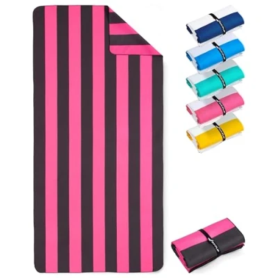 Bild av Strandhandduk XXL mikrofiberbadhandduk stor, lätta och snabbtorkande 100% återvunnen mikrofiberhandduk randig rosa mörkgrå 160 cm x 90