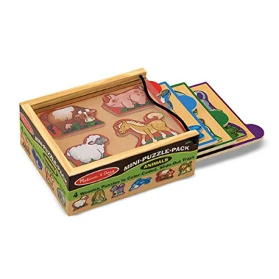 Bild av Melissa &amp; Doug Minipussel med djur i trä (Fyra pussel à 4 bitar förvaringsväska)