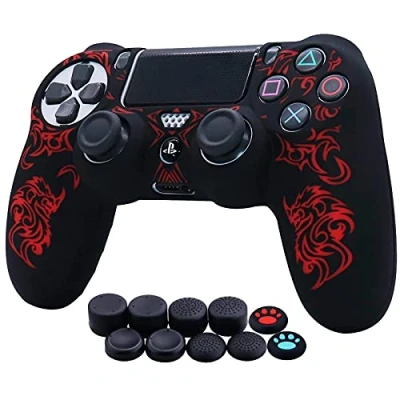 Bild av HLRAO Lasergravyr drake silikon skal (strålning) för PS4/Slim/Pro Controller x 1 med Pro tillbehör Thumb Grips 10.