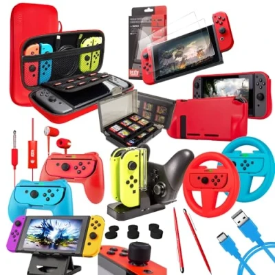 Bild av Orzly Accessories Bundle Kompatibel med Nintendo Switch Geek Pack: Case &amp; Screen Protector, Joycon Grips Racing Wheels, Controller Charge Dock, Comfort Grip More ColorPop