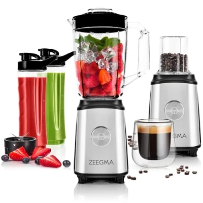 Bild av ZEEGMA Vitamin 4 i 1 multifunktionsmixer, 1050 W toppeffekt, smoothiemixer med liters kanna, säkert lås, kaffekvarn, korsblad, 2 x 600 ml sportflaskor, metallhölje