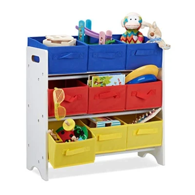 Bild av Relaxdays, vit/färgglad barnhylla med lådor, 9 vikbara korgar handtag, metallrör, leksaker, MDF, H x B D: 62 63 28 cm, järn, standard