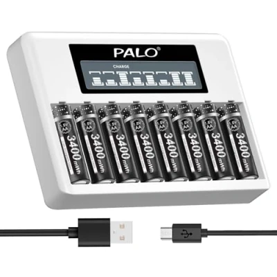 Bild av Palogreen 8 pack 1,5 V AA 3400 mWh litiumjon batterier med Bay LCD display laddare konstant effekt vid dubbelt A batteri
