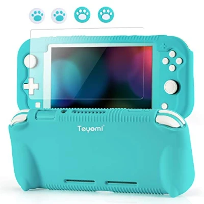 Bild av Fodral kompatibelt med Nintendo Switch Lite with Tempered Glass Screen Protector, 4 x Thumb Grip and 2 Game Cartridges, Silicone Protective Cover Standable, Shock Absorption Anti Scratch
