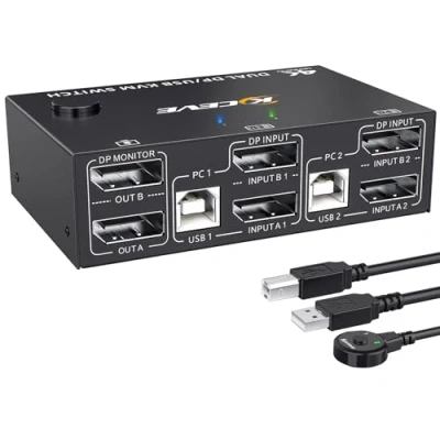 Bild av DP KVM Switch Dual Monitor 4K@144Hz Extended Display 2 PC Share 4 USB enheter, med kablar och