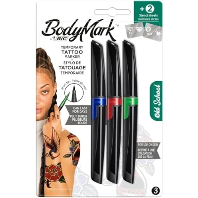 Bild av BodyMark by BIC, Tillfälliga tatueringar i 3 färger &quot;Old School&quot;, luktfria och snabbtorkande tatueringspennor för huden med 2 stenciler