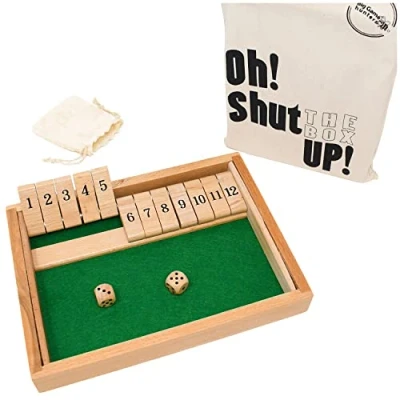 Bild av Big Game Hunters Shut the Box 12 nummer med trätärningar och tryckt bomull tygväska