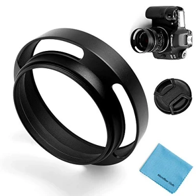 Bild av 46 mm ihålig linshuva, Fotover universell metall ventilerad lutad böjd linsskydd med centralt nyp för Leica Canon Nikon Sony Pentax Olympus Fuji kamera + mikrofiber rengöringsduk
