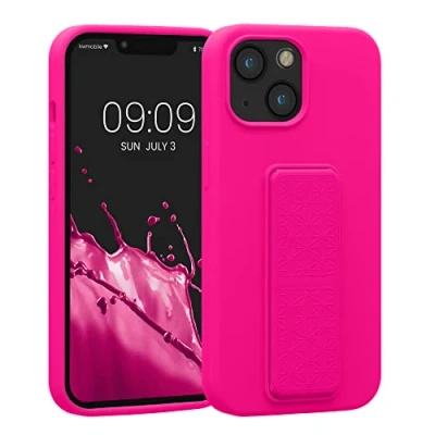 Bild av kwmobile fodral kompatibelt med Apple iPhone 13 mini handrem och stativ mjuk TPU silikonbeläggning neonrosa