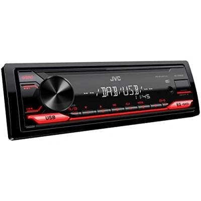 Bild av JVC KD X182DB bilradio med DAB+, USB/AUX ingång, hög digital ljudkvalitet, tillfällig justering av högtalare, rattkontrollkompatibilitet, enkel installation, röd färg
