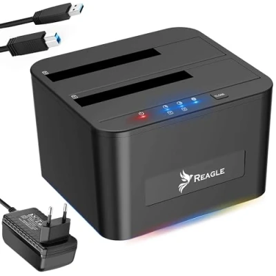 Bild av Reagle Dual SATA dockningsstation stöder 2 x HDD/SSD upp till 16 TB, offline kloning, SuperSpeed USB 5 Gb/s, Plug &amp; Play, kompatibel med Windows och Mac OS