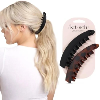Bild av Kitsch Bananhårklämmor för kvinnor, stor bananclip tjockt hår, söta hårklämmor tjejer, bananclips tunt bananhårklämma, 2 pack (svart &amp; sköldpadd) Alla hjärtans dag gåvor.
