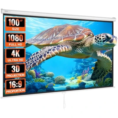 Bild av VEVOR Manuell dra ner projektorskärm, 100 tum, 16:9 4K 1080 HD, infällbar automatisk låsning bärbar projektionsskärm, projektor filmskärm för familj hem kontor teater