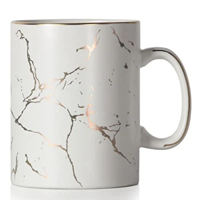 Bild av SHOWFULL 645 ml lyxig guldmönster inlägg extra stor kaffemugg, 650 klassisk keramisk marmor tekopp med handtag för män kvinnor, matt vit