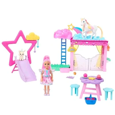 Bild av Barbie Chelsea docka och Pegasus föl lekset, bevingad häst leksaker, A Touch of Magic set med stall, kanin tillbehör, JCW56