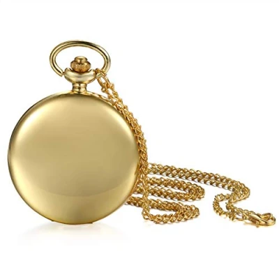 Bild av JewelryWe Män kvinnor fickur klassisk glänsande kedja klocka analog kvartsklocka med halsband fickklocka gåva gravyr, Guld, Festliga tillfällen