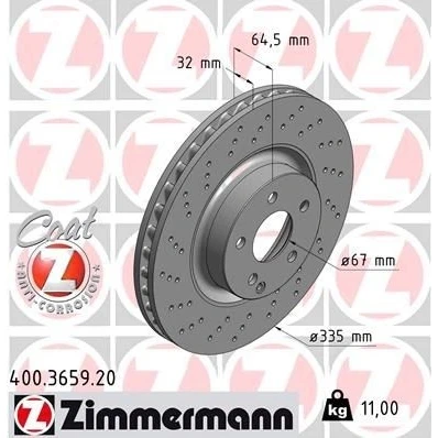 Bild av ZIMMERMANN COAT Z 400.3659.20 Disque de frein 335 32 6/5 5 112 ventilé l&#039;intérieur, troué revêtu MERCEDES BENZ: Classe S Berline, Coupe