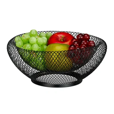 Bild av Relaxdays Fruktskål metall, rund fruktkorg, dubbelväggig, H x D: 10 25 cm, trådkorg för frukt och grönsaker, svart