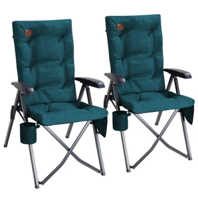 Bild av EVER ADVANCED Campingstol, vikbar ryggjusterbar i 4 lägen upp till 150 kg, fällstol, 6 cm tjock, vadderad med sidoficka, dryckeshållare, trädgårdsstol, högt ryggstöd, fiskestol för camping, trädgård