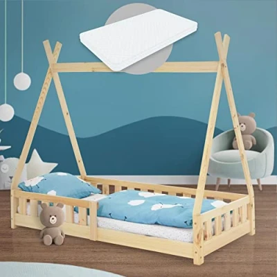 Bild av ML Design Barnsäng tipi 80x160 cm natur med madrass, fallskydd och lamellram, gjord av furu, indisk säng massivt trä för tjejer pojkar, hussäng staket, ungdomssäng leksäng träsäng