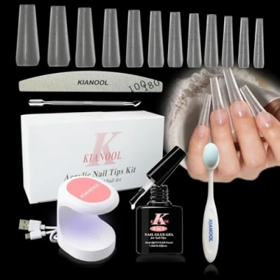 Bild av Mjukt Gel Nagelsett 420 st konstgjorda lösnaglar Med formningslinje, ballerina långa nagelspetsar full täckning, Naglar Ultraportabel Led Nagellampa och Lim för Nagelkonst 5 i 1