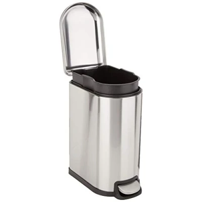 Bild av Amazon basics 10 l papperskorg för trånga rum och badrum med rörpedal av stål försiktigt stängande lock, kök, 2,6 gallonger, eller kontor, rektangulär, rostfritt stål, silver