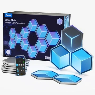 Bild av Govee Glide Hexagon Light Ultra, RGBIC 3D, Wi Fi vägglampa 129 lysdioder fungerar med Alexa, 60 scenlägen, för gaming, vägg, rumsdekoration, 10 paneler meteor grå
