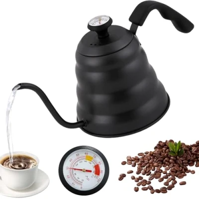 Bild av svanhals vattenkokare, 1200 ml/40 oz rostfritt stål vattenkokare kaffekanna med termometer för alla spistyper, hållbar och lätt att rengöra, svart