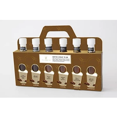 Bild av Premium kaffesyrp presentset 6 x 75 ml blandad smaksatt sirap för kaffe inklusive vanilj karamell koffee hasselnöt amaretto pepparmynta kaffeälskare