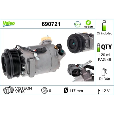 Bild av VALEO 690721 compresseur De Climatisation VS16 12 PAG 46 R 134a avec huile FORD: C Max 2, FOCUS 3, Grand