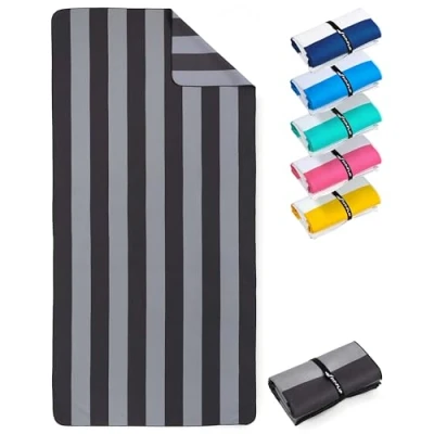 Bild av Strandhandduk XXL mikrofiberbadhandduk stor, lätta och snabbtorkande 100% återvunnen mikrofiberhandduk randig grå mörkgrå 200 cm x 90