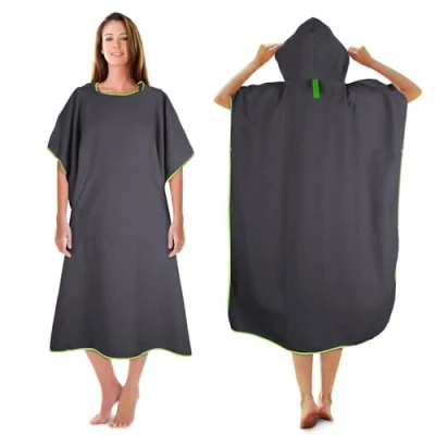 Bild av KUOGAS badponcho, handduksponcho, 117 x 88 cm mikrofibersurfing, snabbtorkande duschponcho, långt blöjbyteshjälp med huva (svart, L)