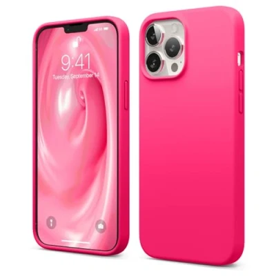 Bild av elago Kompatibel med iPhone 13 Pro Max fodral, flytande silikonfodral, helkroppsskärmskamera skyddande stötsäker, smalt reptåligt mjukt mikrofiberfoder, 6,7 tum (neon het rosa)
