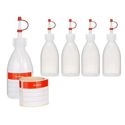 Bild av 5 x 100 ml pressflaskor, tvättflaskor av LDPE med dropplock, garneringsflaskor, dekorativa flaskor för kök, hobby eller laboratorium