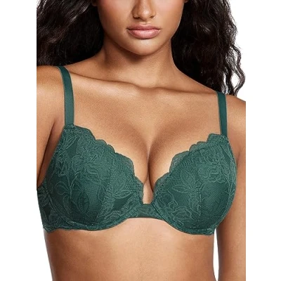 Bild av DOBREVA Push up bh med spets för kvinnor Sexy Plunge Vadderad bygelhållare Stödbehå Lift Midnatt smaragd 85E