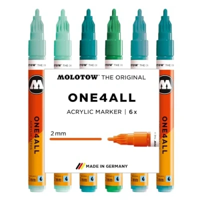 Bild av Molotow One4All 127HS akrylmärkpenna tropiskt set (2,0 mm linjetjocklek, hög täckning och permanent, snabbtorkande, påfyllningsbar, för nästan alla ytor) 6 stycken sorterade