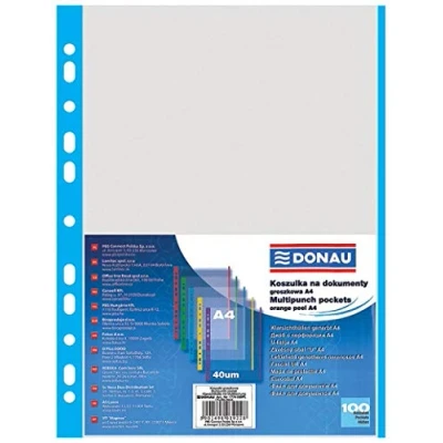 Bild av DONAU 1774100PL 10 broschyrfickor kornig blå kant ovantill öppna genomskinliga fickor perforerad plastfodral för dokument papper filer mappar/PP Din A4, transparent 40 mikron/µm, 100 st.