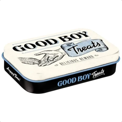 Bild av Nostalgisk konst retro godisburk, Good Boy Treats presentidé för hundägare, hundgodisburk, vintage design, 6 x 9,5 2 cm