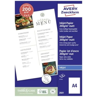 Bild av Avery Zweckform Art. 2681 Business bläckstrålepapper (50 ark, 200 g/m², A4, matt skrivarpapper, belagda och tryckbara, omedelbart torra smutsbeständiga, flygpapper för bläckstråleskrivare) vitt