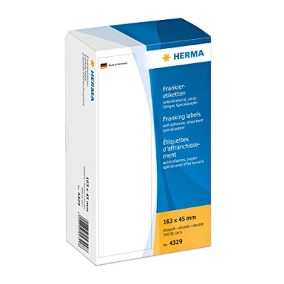 Bild av HERMA 4329 frankeringsetiketter för frankeringsmaskiner, dubbla (163 x 45 mm, specialpapper, matt) självhäftande, permanenta etiketter, 500 klistermärken, vit