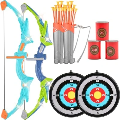 Bild av VEVOR 2 Arch och Arrow Set för barn med LED ljus, 20 sugkoppspilar, hängande mål, fänglar, 3 målburkar, utomhusleksak, födelsedagspresent barn, Flerfärgad, M, Vårt bågskyttespel strävar