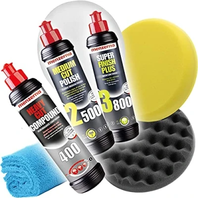 Bild av detailmate Bilpoleringsset Menzerna 250 ml: Heavy Cut HCC400, Medium 2500, Super Finish Plus SFP3800, 3 st polerdynor 150 mm, fluffig mikrofiber polerduk 40 x cm