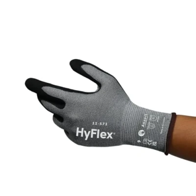 Bild av Ansell HyFlex 11 571 Skärsäkra arbetshandskar, nötningsbeständig nitrilbeläggning, industriella skyddshandskar, lätta, andningsbara och tvättbara, PPE män kvinnor, blå, storlek L (1 par)