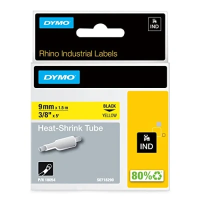 Bild av Industriella DYMO Rhino krympslangar 9 mm x 1,5 m Svart text på gul tejp För etikettskrivare