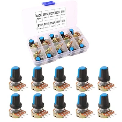 Bild av QitinDasen 10 st premium linjär roterande konisk potentiometer, justerbar 3 terminals med knopplock och bricka (5 värde: B10K, B50K, B100K, B500K, B1M Ohm)